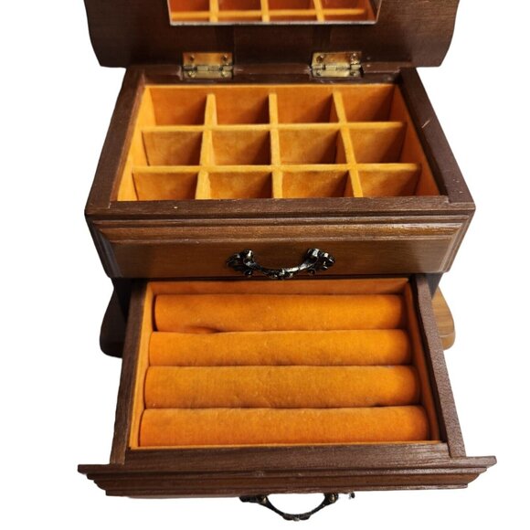 Vintage Small Dresser Jewelry Box Orange Velvet Inside With Mirror Ring Box - Picture 3 of 8